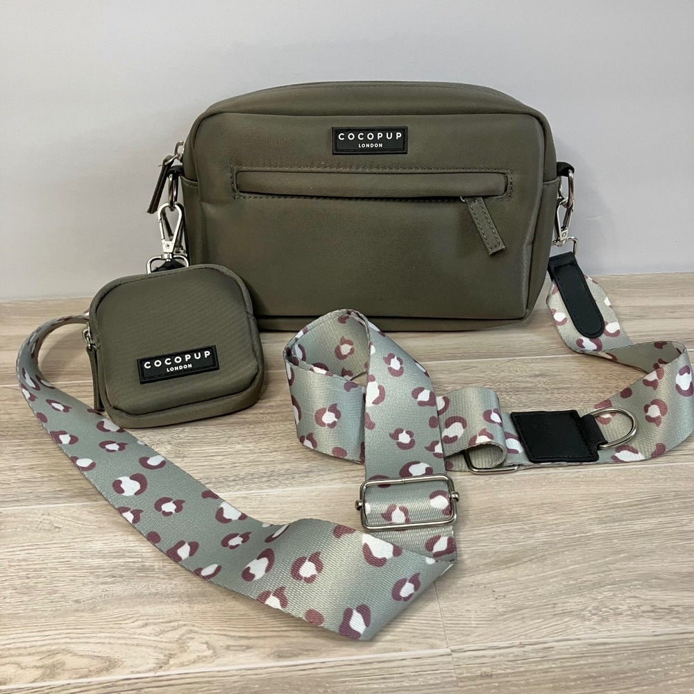 COCOPUP LONDON Dog Walking Crossbody Bag Olive Green Pouch Leopard Strap Utility